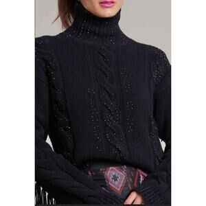 Maison Common Embellished Cable Knit Sweater Womens XS Black Mock Neck Fringe